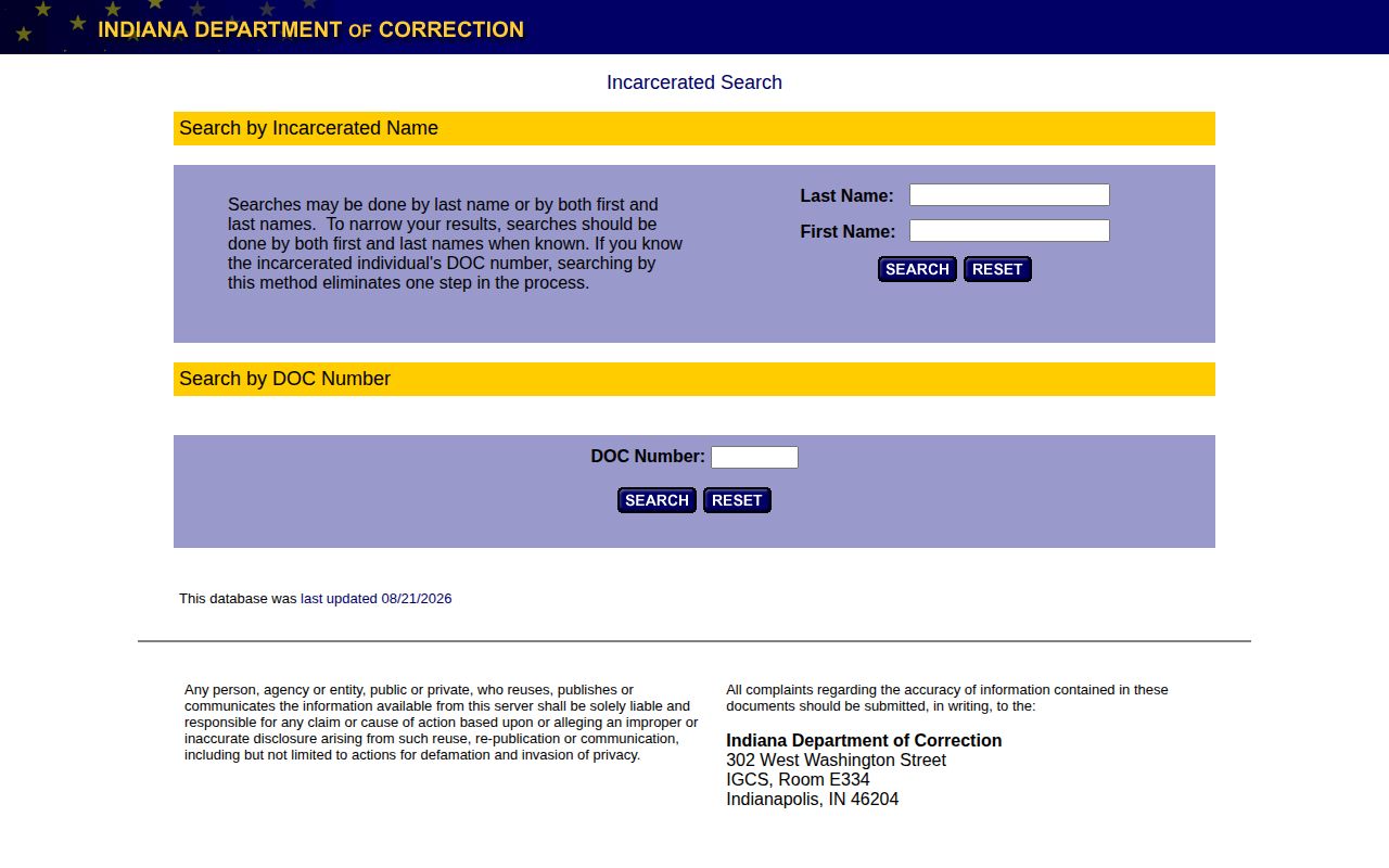 Indiana DOC offender search for Warrick County sentenced records